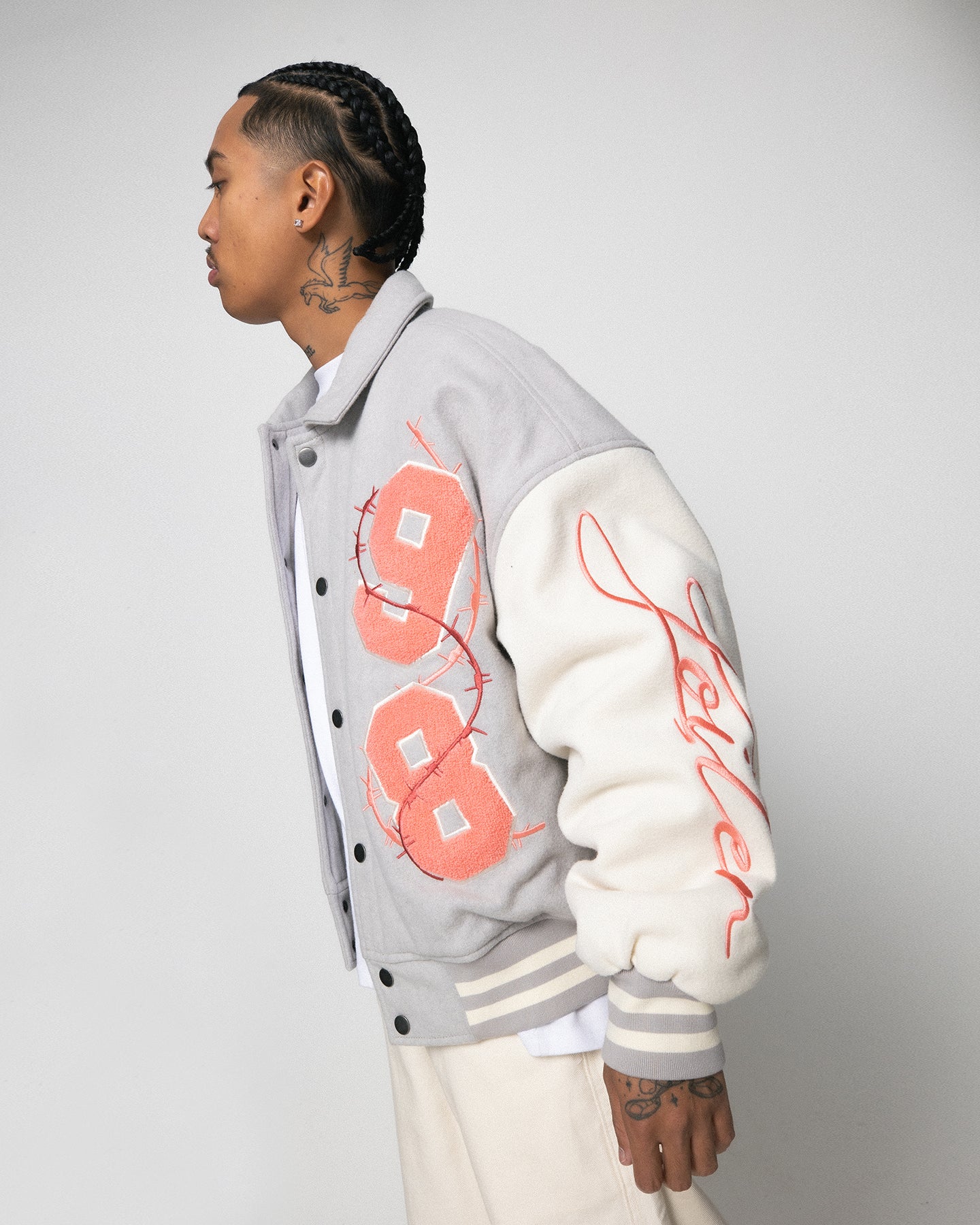 Loiter Flower Varsity Jacket Light Grey/Off White - Image 5