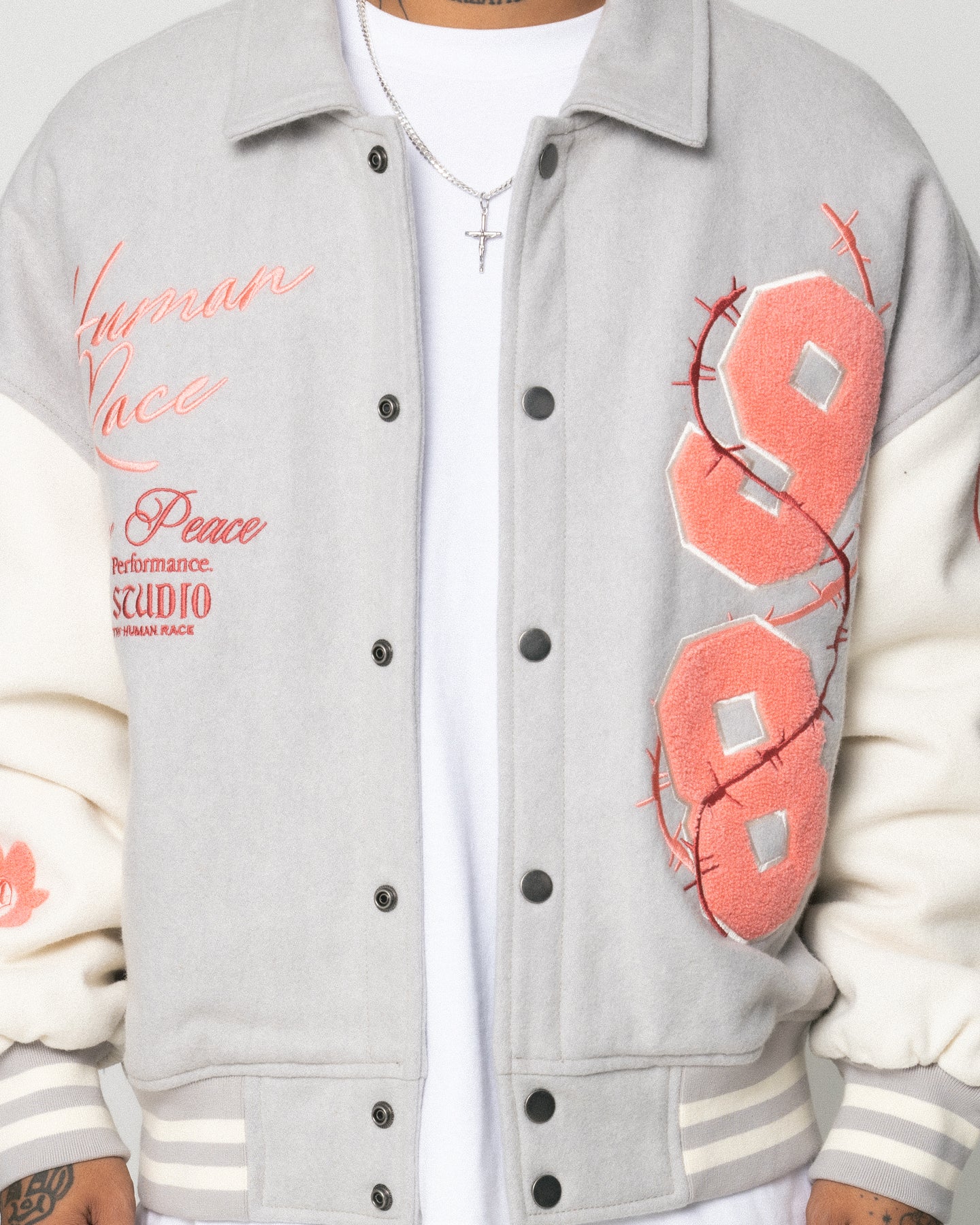 Loiter Flower Varsity Jacket Light Grey/Off White - Image 7