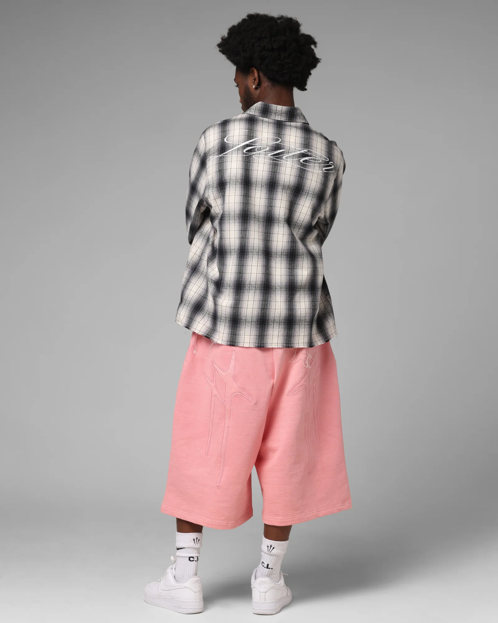Loiter Heaven Distressed Flannel Button Up Shirt Black/White - Image 3