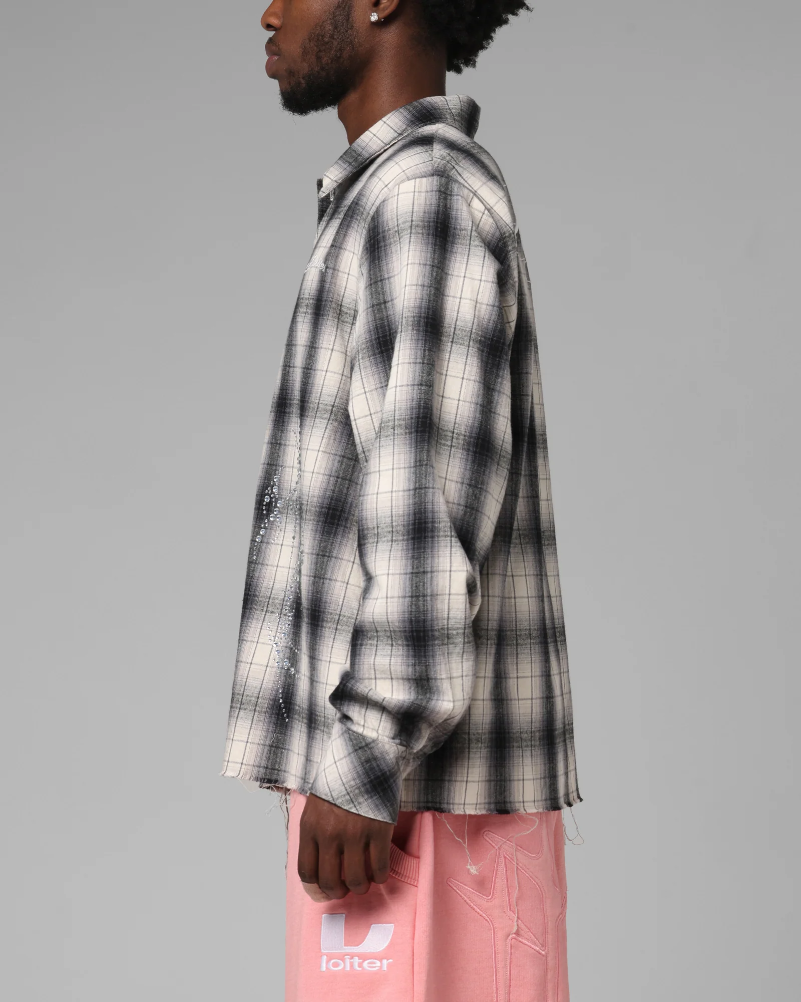 Loiter Heaven Distressed Flannel Button Up Shirt Black/White - Image 6