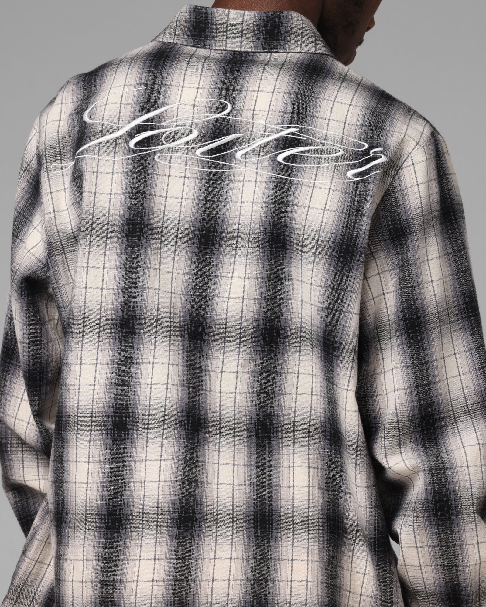 Loiter Heaven Distressed Flannel Button Up Shirt Black/White - Image 8