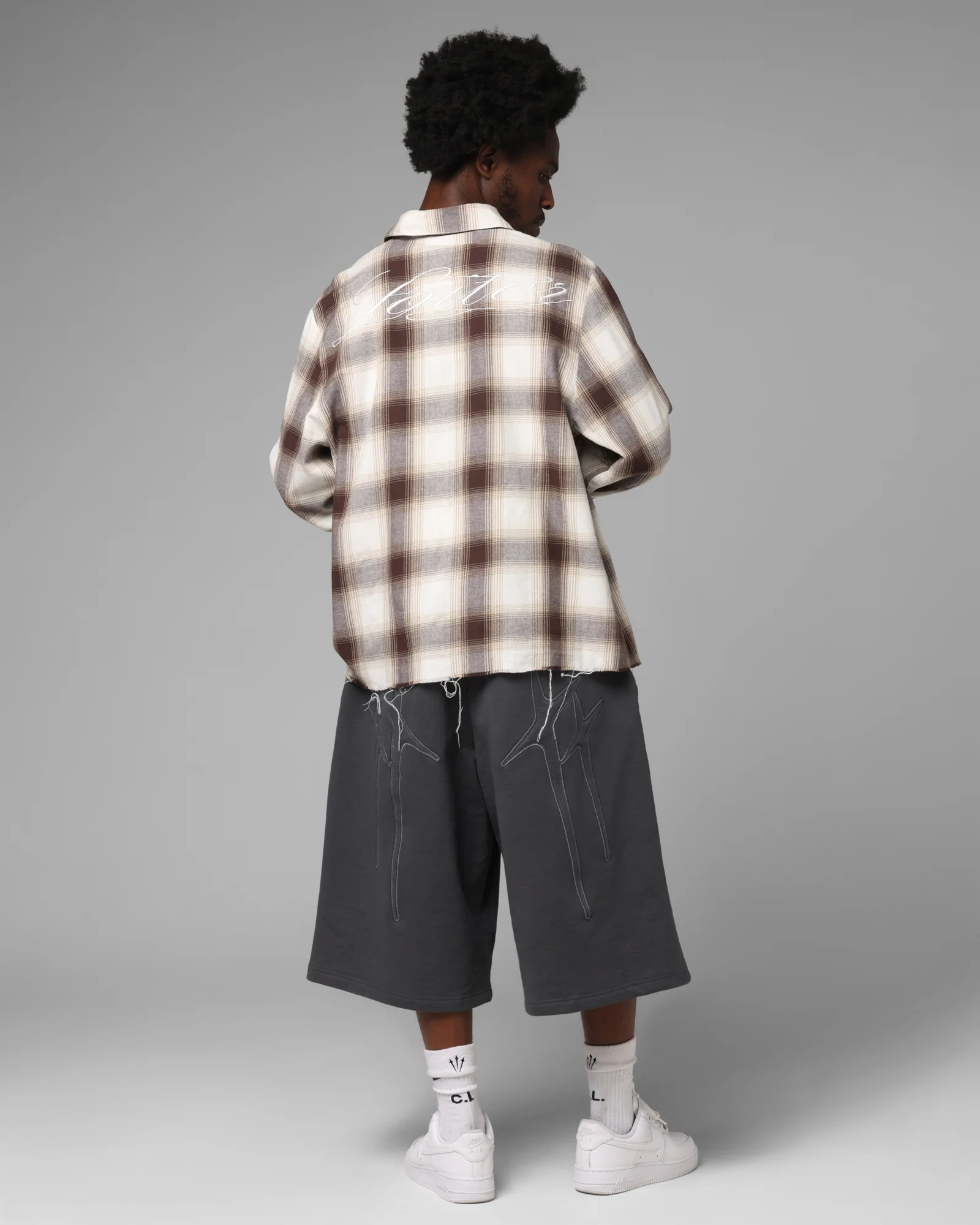Loiter Heaven Distressed Flannel Button Up Shirt Brown/Beige - Image 4