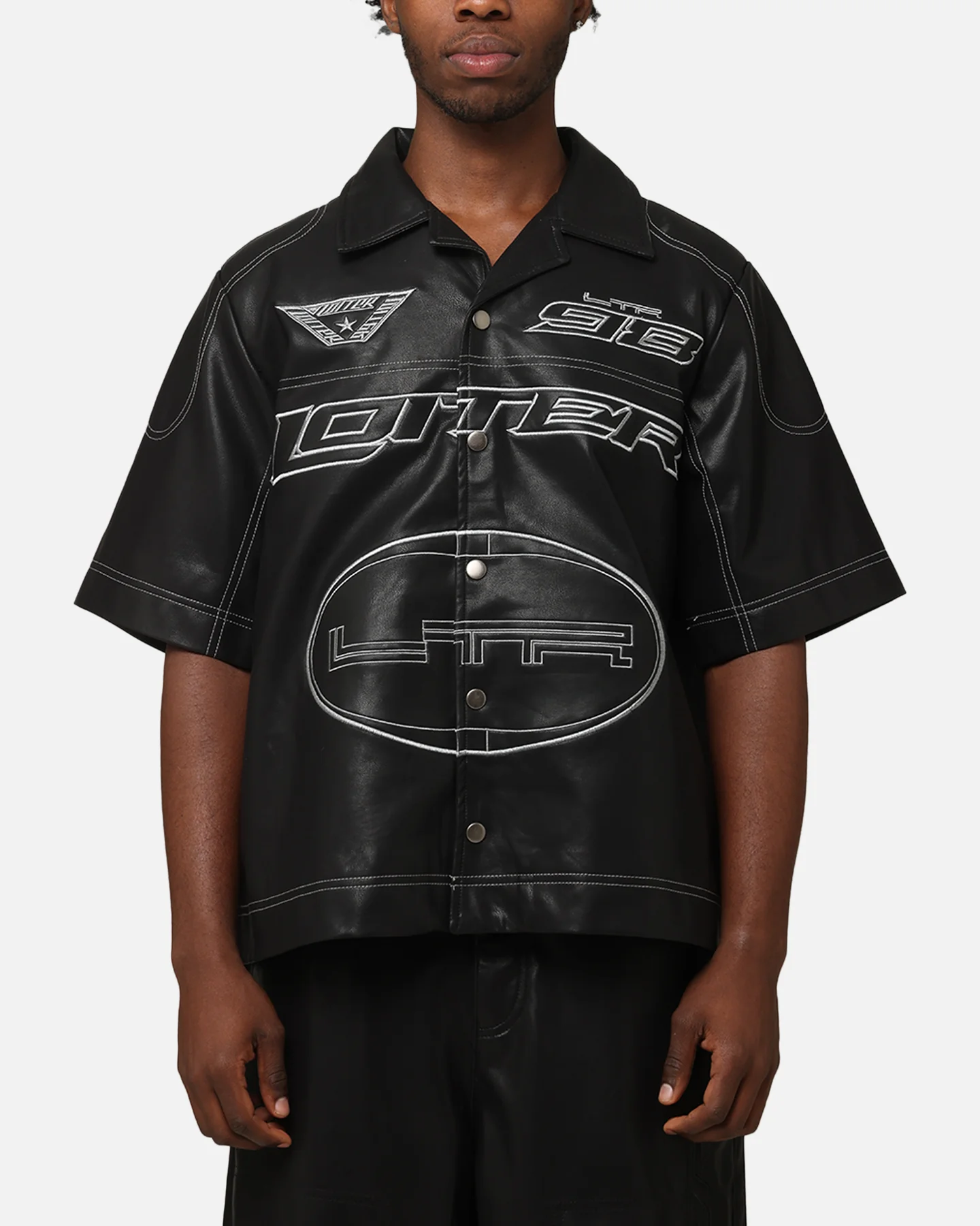 Loiter Motor PU Leather Button Up Shirt Black