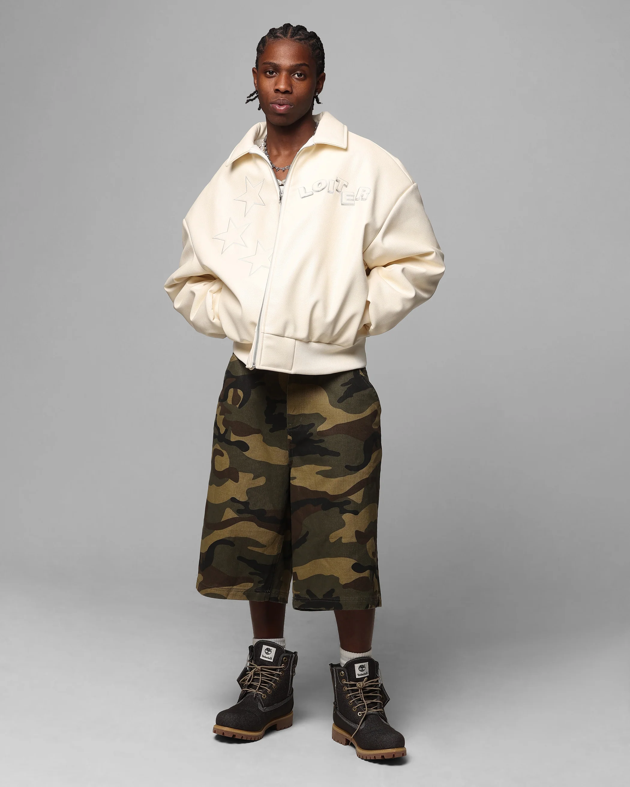 Loiter Solar Vegan Leather Varsity Jacket Beige - Image 3
