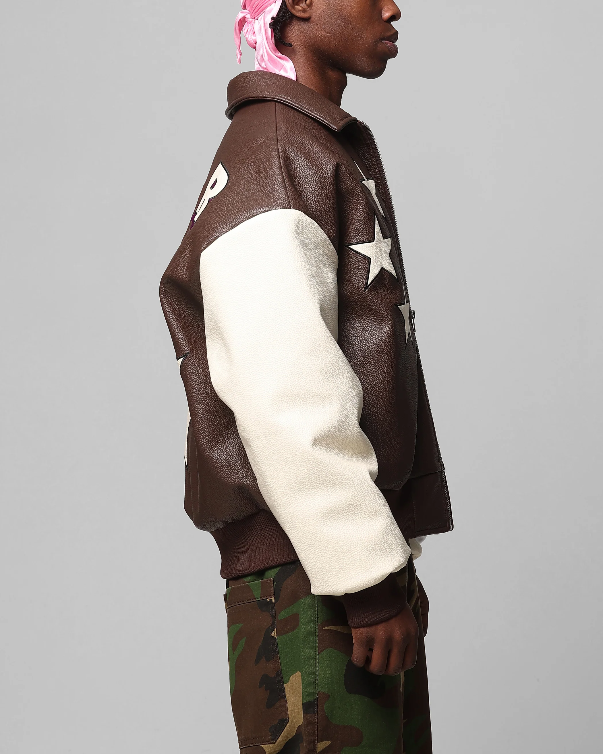 Loiter Solar Vegan Leather Varsity Jacket Brown/Beige - Image 5
