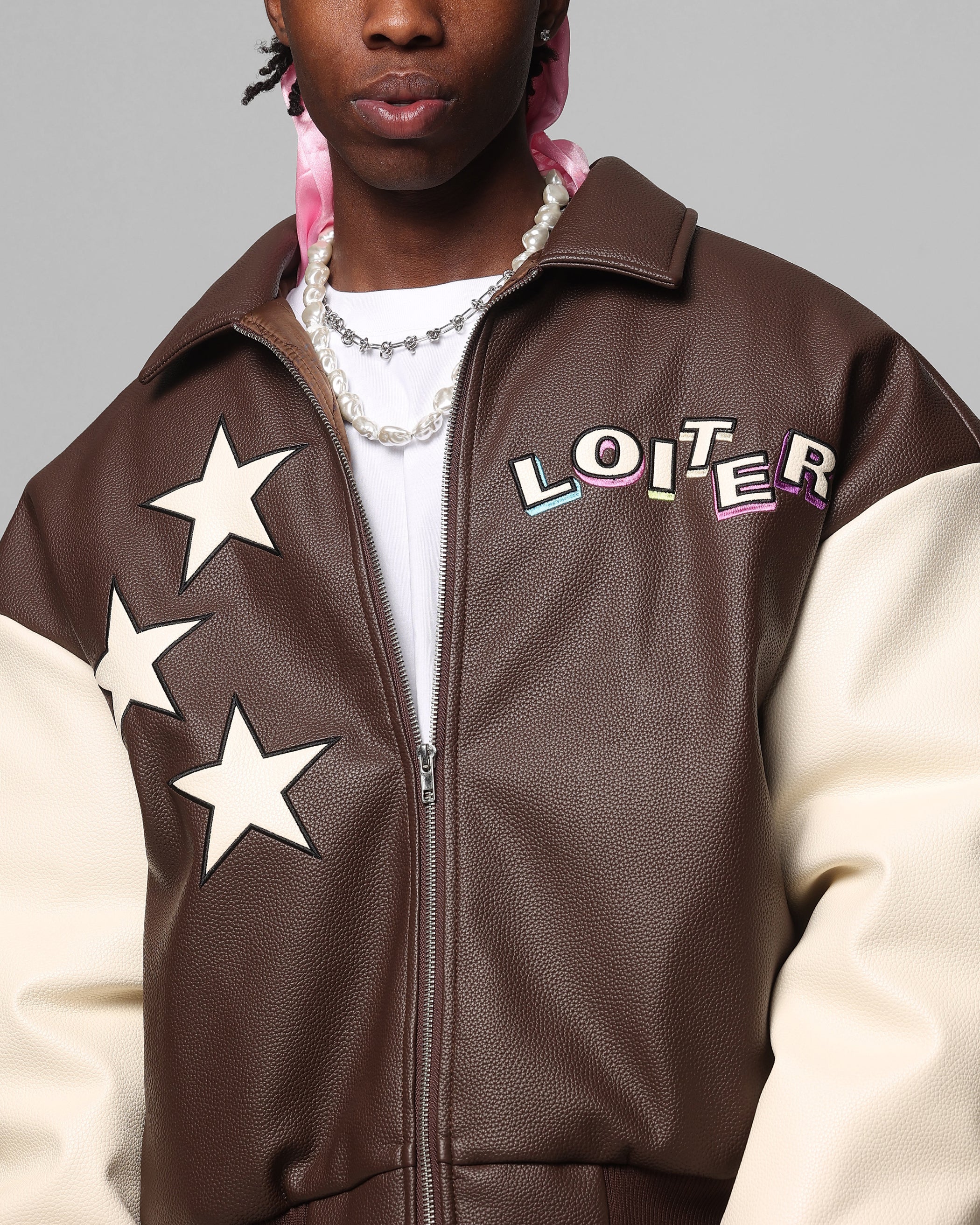Loiter Solar Vegan Leather Varsity Jacket Brown/Beige - Image 7