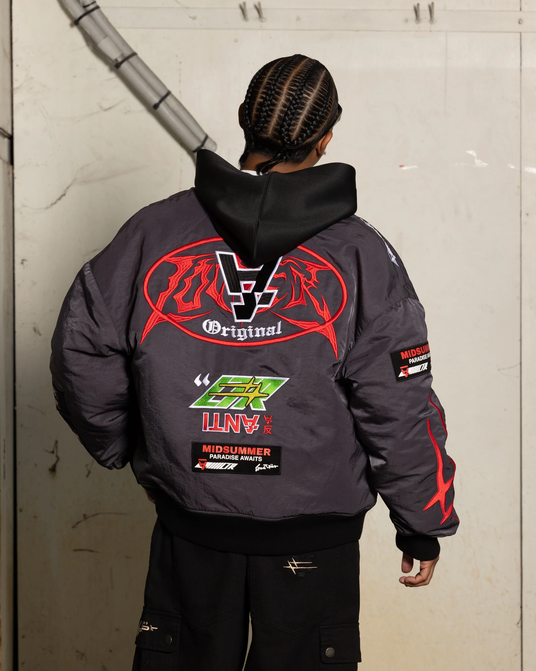 Loiter X The Anti Order Racer Bomber Jacket Charcoal - Image 2