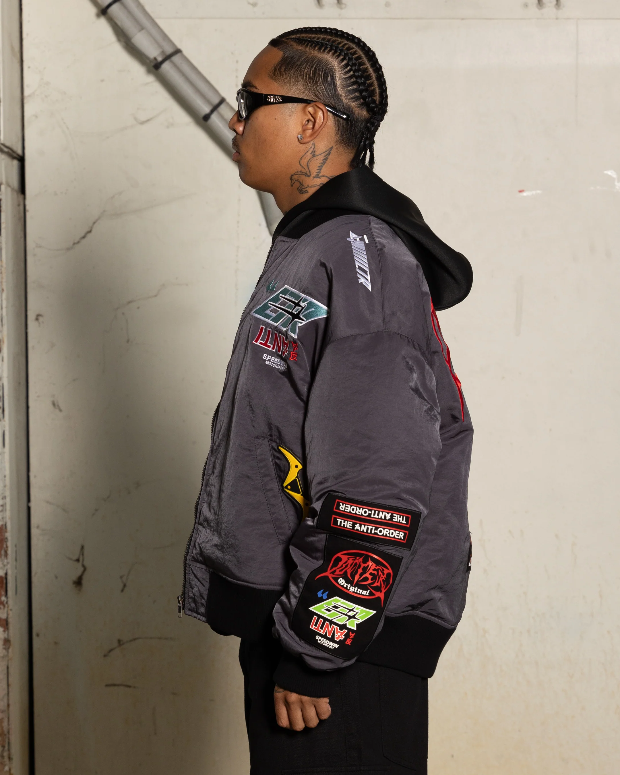 Loiter X The Anti Order Racer Bomber Jacket Charcoal - Image 5