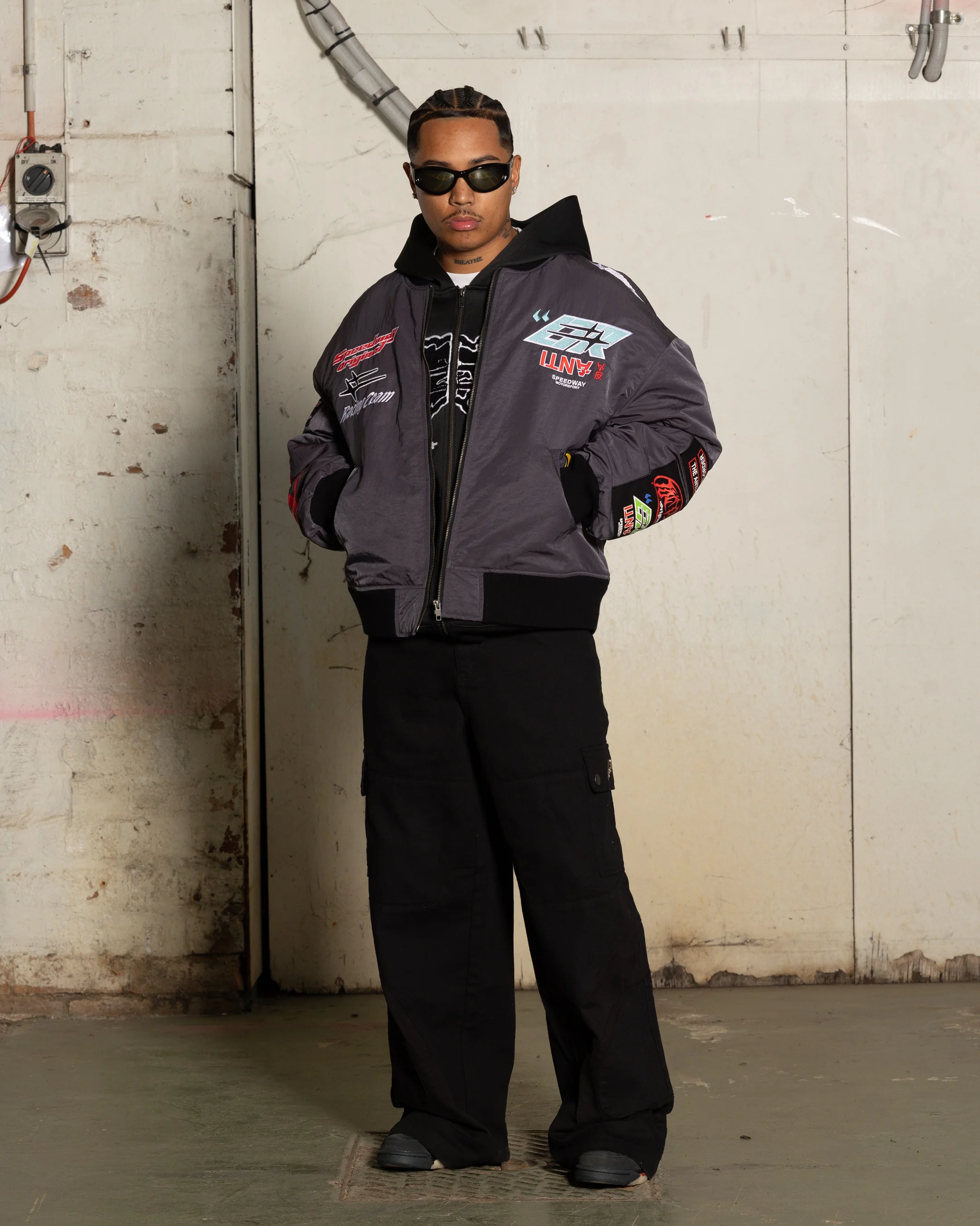 Loiter X The Anti Order Racer Bomber Jacket Charcoal - Image 6