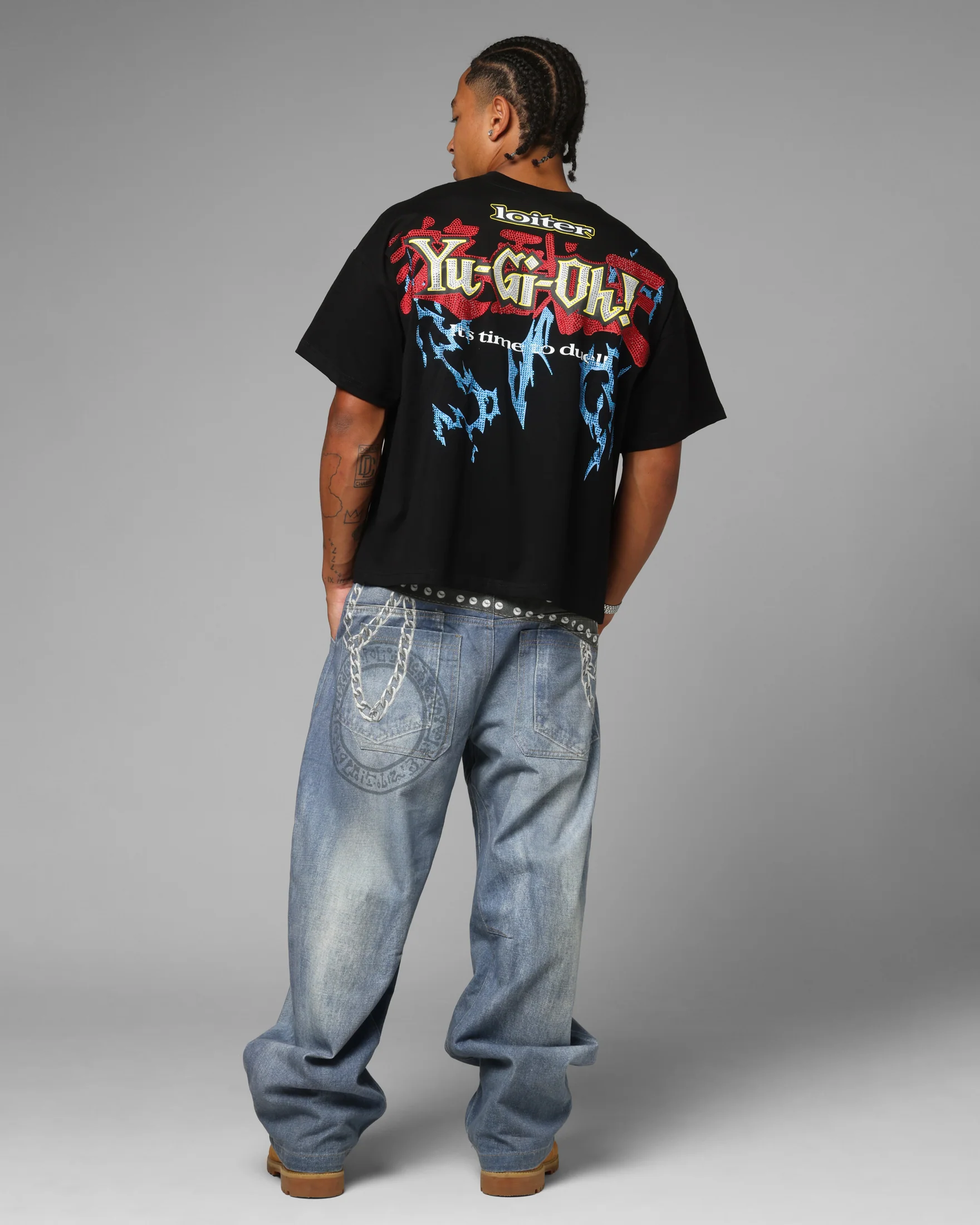 Loiter X Yu-Gi-Oh! Blue Eyes White Dragon Rhinestone T-Shirt Black - Image 4